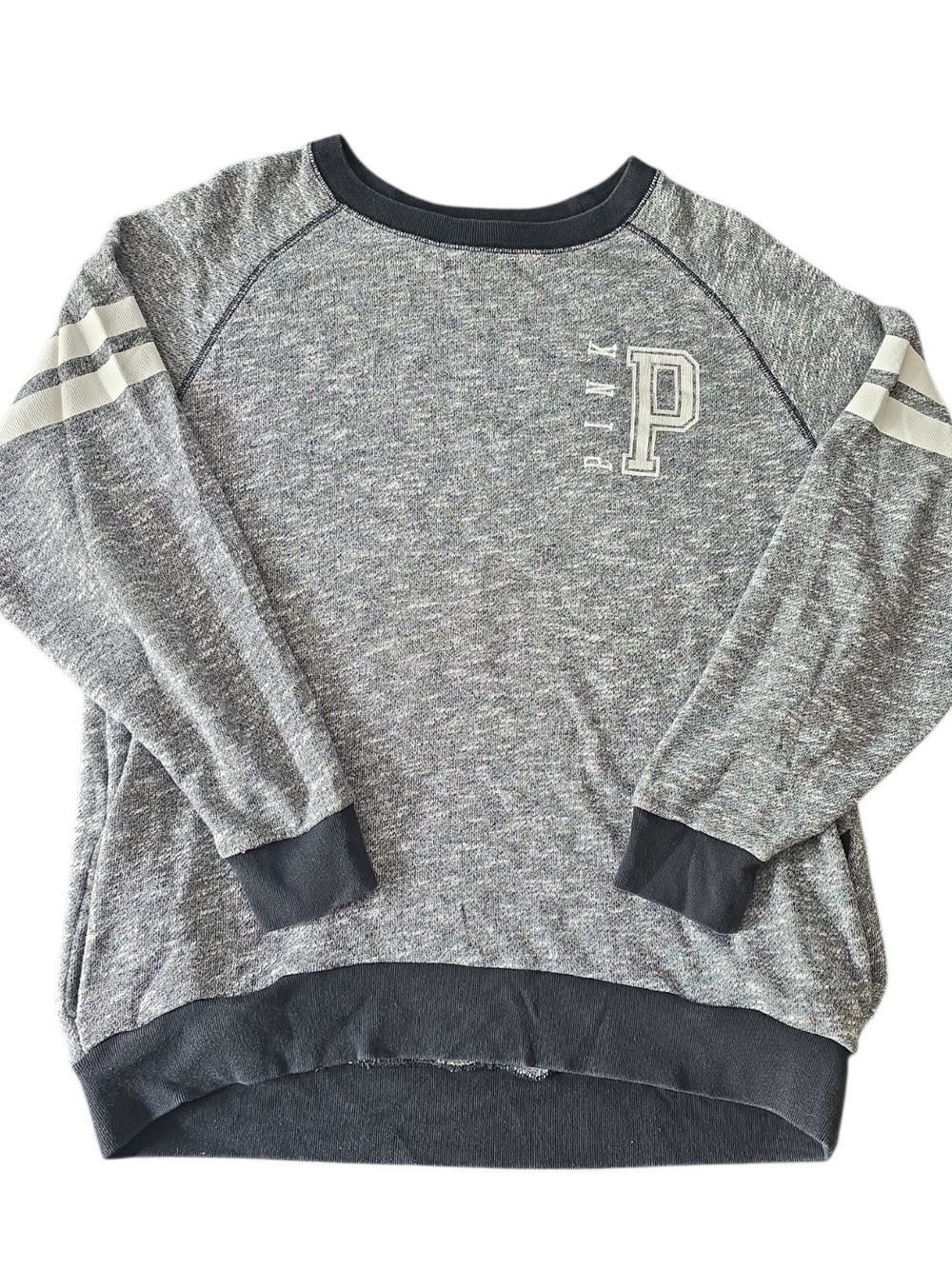 PINK Victoria's Secret gray sweatshirt with black trim and white stripe accents